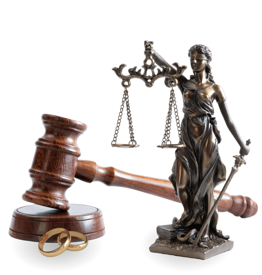 Lady Justice, a gavel, and wedding rings